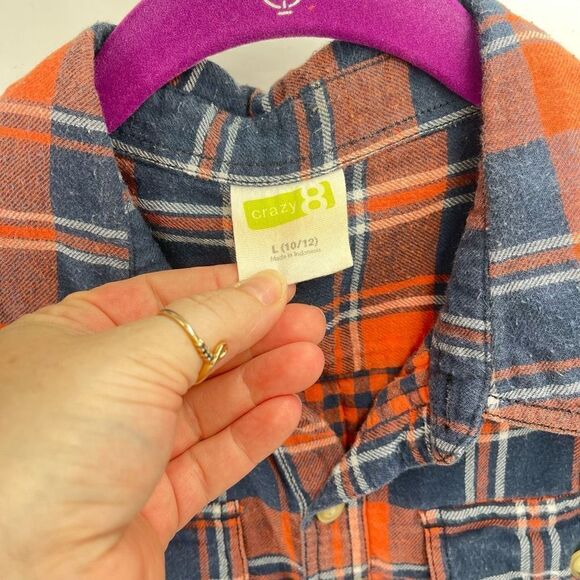 Crazy 8 Boys Button Down Shirt Long Sleeve Plaid Pocket Orange Blue Large 10/12 - Picture 7 of 7